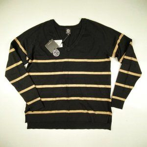 NEW Bobeau V-Neck Top Size M Pullover Long Sleeves Black w/ Tan Stripes
